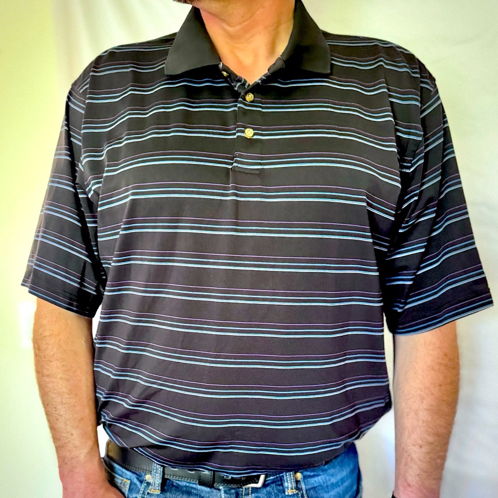 Kirkland Brand Men’s Black Short Sleeve Polo Shirt w/Purple & Turquoise Stripes